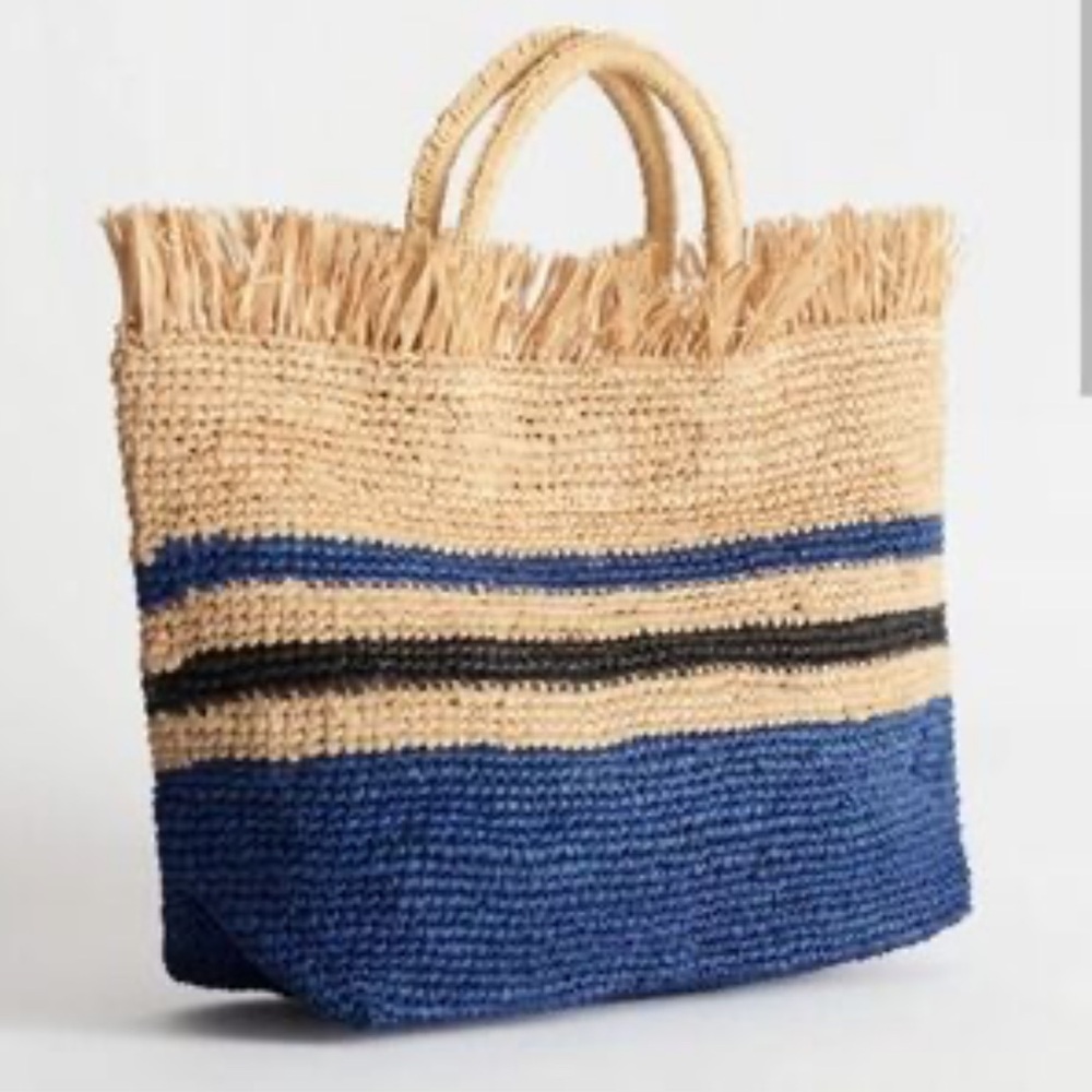 & Other Stories Navy and Natural Woven Straw Tote